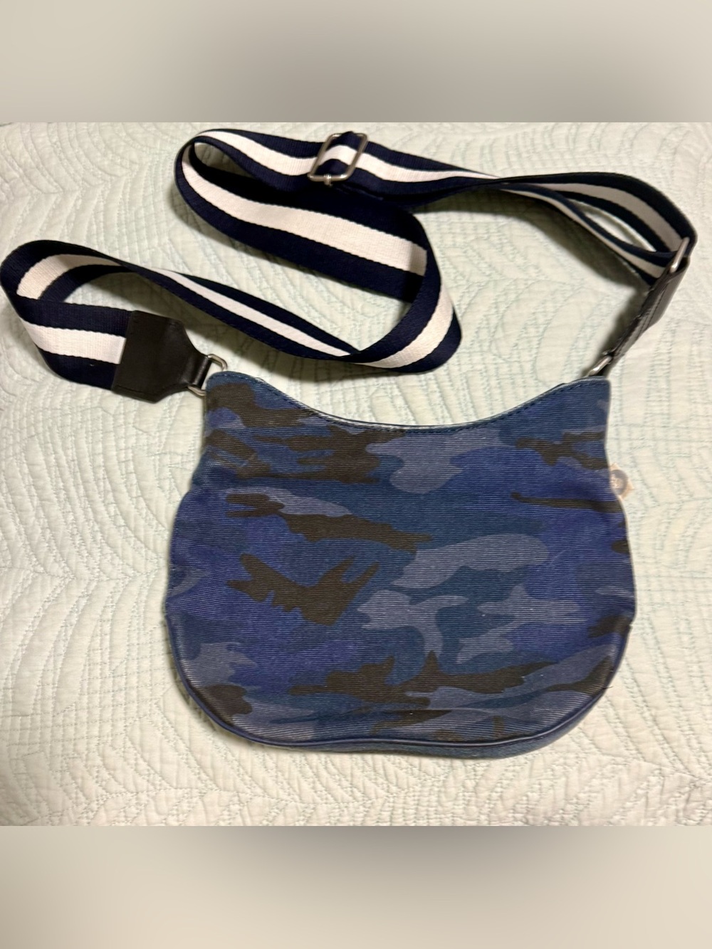 Quilted Koala, Crossbody Bag featuring a blue camouflage print on canvas. EUC